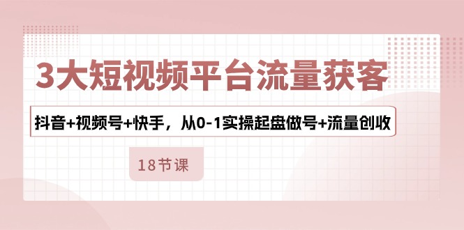 3大短视频平台流量获客,抖音+视频号+快手,从0-1实操起盘做号+流量创收