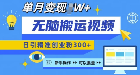 无脑搬运视频号可批量复制,新手即可操作,日引精准创业粉300+,月变现过W