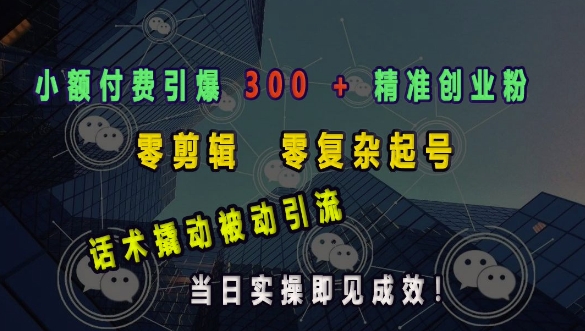 小额付费引爆 300 + 精准创业粉,零剪辑、零复杂起号,话术撬动被动引流,当日实操即见成效