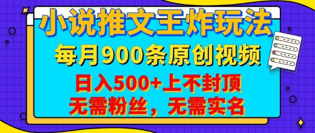 小说推文王炸玩法,一键代发,每月最多领900条原创视频,播放量收益日入5张,无需粉丝,无需实名