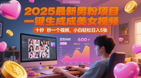 2025最新男粉项目,一键生成美女视频,日引600+色粉 十秒一个视频,小白轻松日入5张