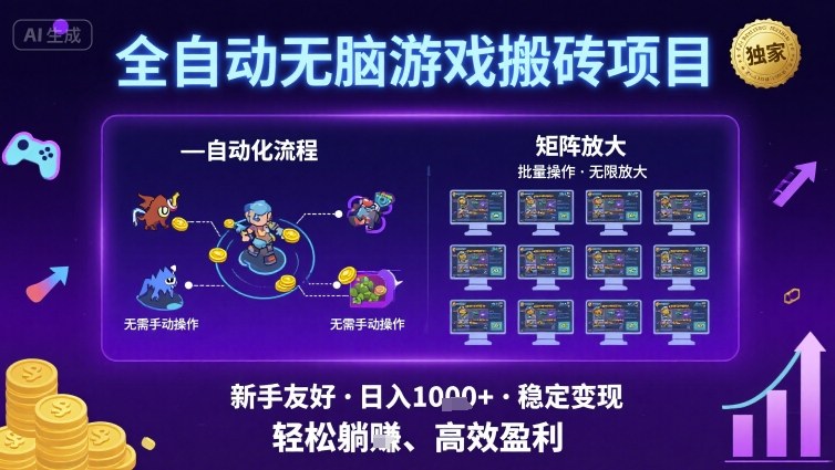 全自动无脑游戏搬砖项目,独家玩法,可批量矩阵无限放大,新手也能轻松日入1k+