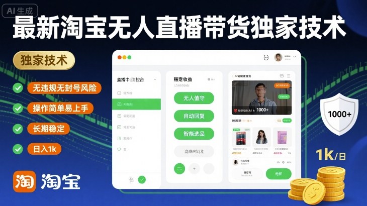 最新淘宝无人直播带货独家技术，无违规无封号风险，操作简单易上手，长期稳定日入1k