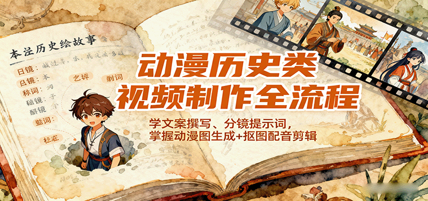 动漫历史类视频制作全流程,学文案撰写、分镜提示词,掌握动漫图生成+抠图配音剪辑