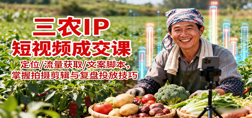 三农IP短视频成交课:定位/流量获取/文案脚本,掌握拍摄剪辑与复盘投放技巧