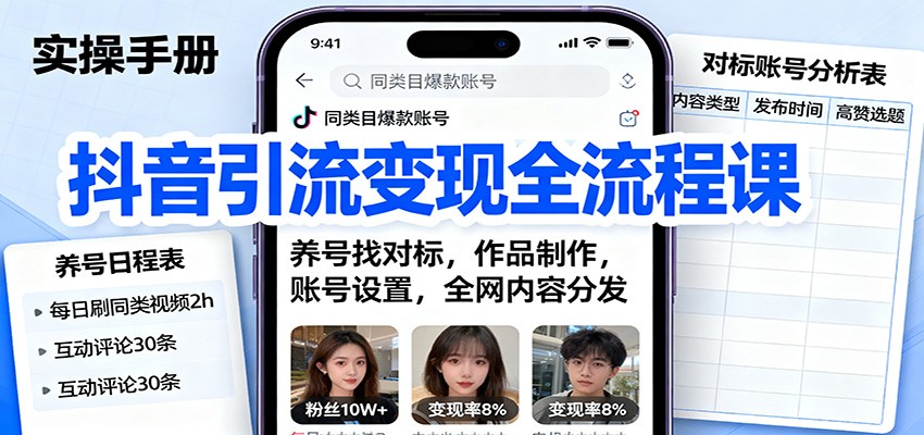抖音引流变现全流程课：养号找对标，作品制作，账号设置，全网内容分发