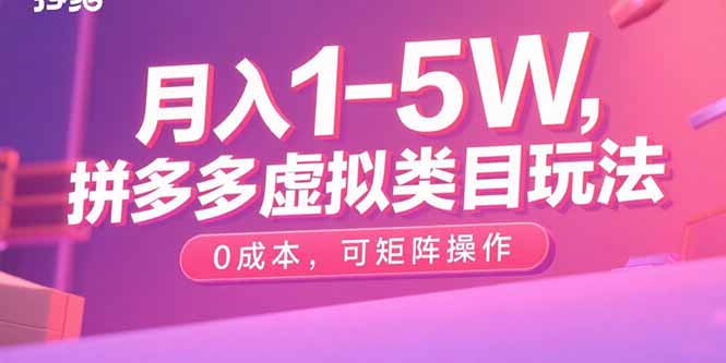 （15903期）月入1-5W，拼多多虚拟类目玩法，0成本，可矩阵操作