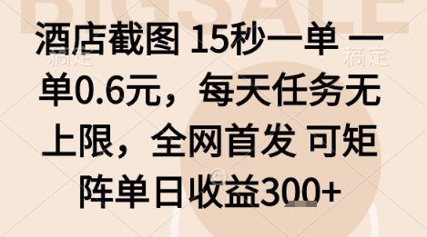 酒店截图项目，15秒一单，一单0.6米，每天任务无上限，全网首发可矩阵单日收益3张+