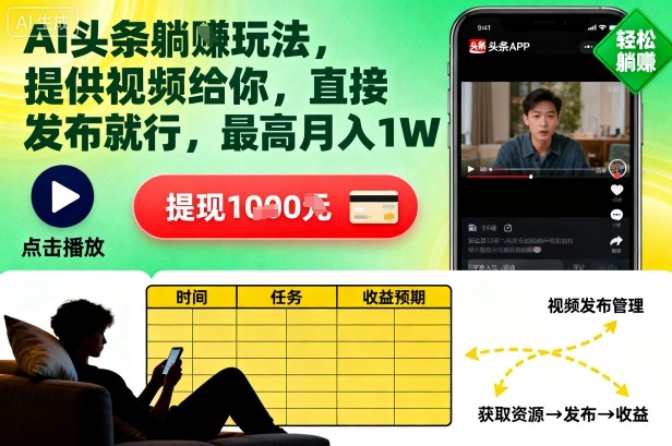 AI头条躺賺玩法,提供视频给你,直接发布就行,最高月入1W+ AI头条躺賺玩法,提供视频给你,直接发布就行,最高月入1W+