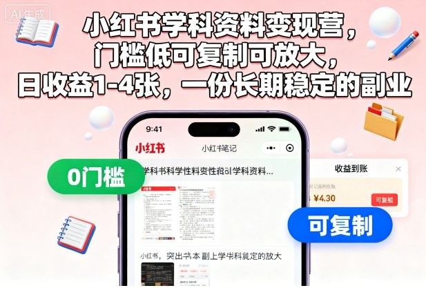 小红书学科资料变现营,门槛低可复制可放大,日收益1-4张,一份长期稳定的副业 小红书学科资料变现营,门槛低可复制可放大,日收益1-4张,一份长期稳定的副业