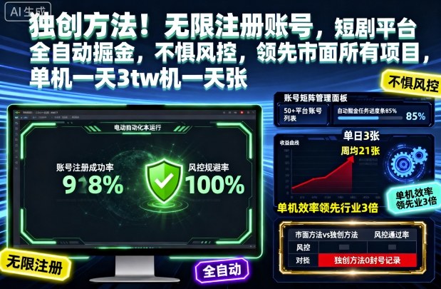 独创方法!无限注册账号,短剧平台全自动掘金,不惧风控,领先市面所有项目,单机一天3张 独创方法!无限注册账号,短剧平台全自动掘金,不惧风控,领先市面所有项目,单机一天3张