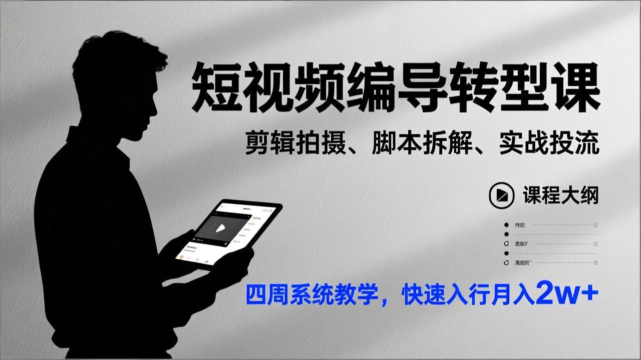 短视频编导转型课，剪辑拍摄、脚本拆解、实战投流，四周系统教学，快速入行月入2w+