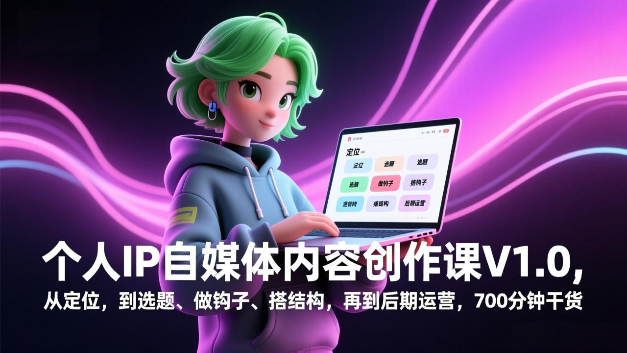 个人IP自媒体内容创作课V1.0，从定位，到选题、做钩子、搭结构，再到后期运营，700分钟干货