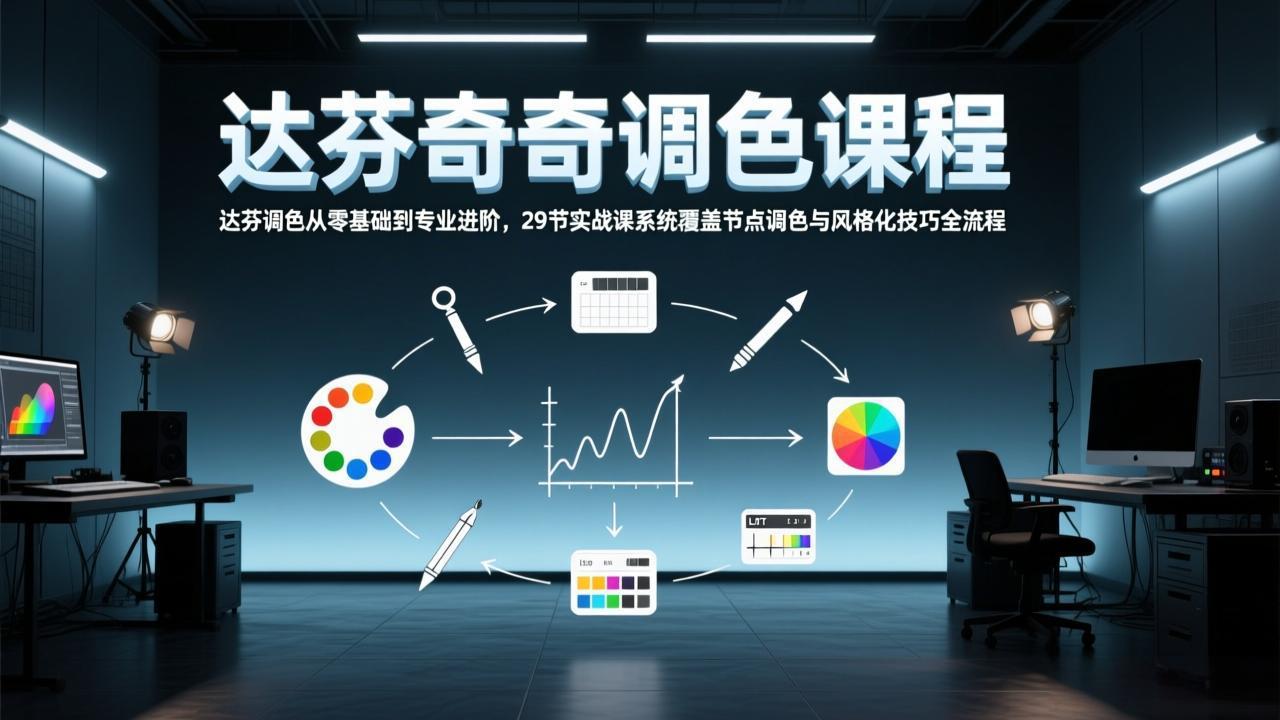 达芬奇调色从零基础到专业进阶，29节实战课系统覆盖节点调色与风格化技巧全流程