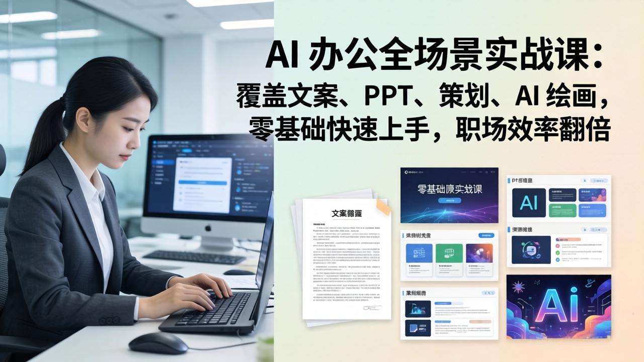AI 办公全场景实战课：覆盖文案、PPT、策划、AI 绘画，零基础快速上手，职场效率翻倍