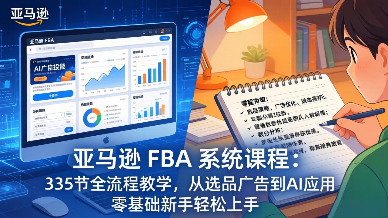 亚马逊 FBA 系统课程（更新26年3月）：335节全流程教学，从选品广告到AI应用，零基础新手轻…