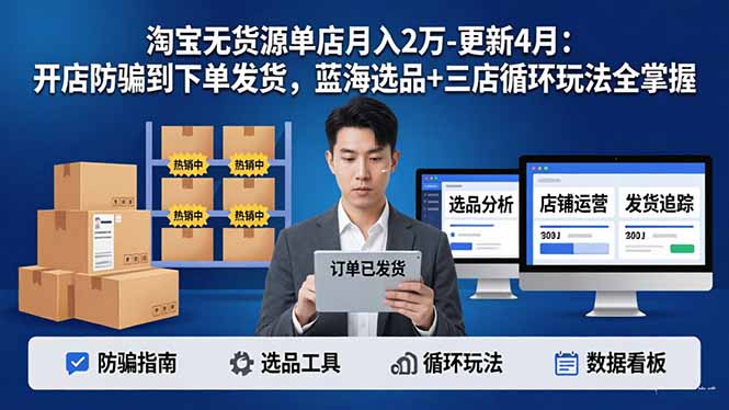 淘宝无货源单店月入2万-更新4月：开店防骗到下单发货，蓝海选品+三店循环玩法全掌握