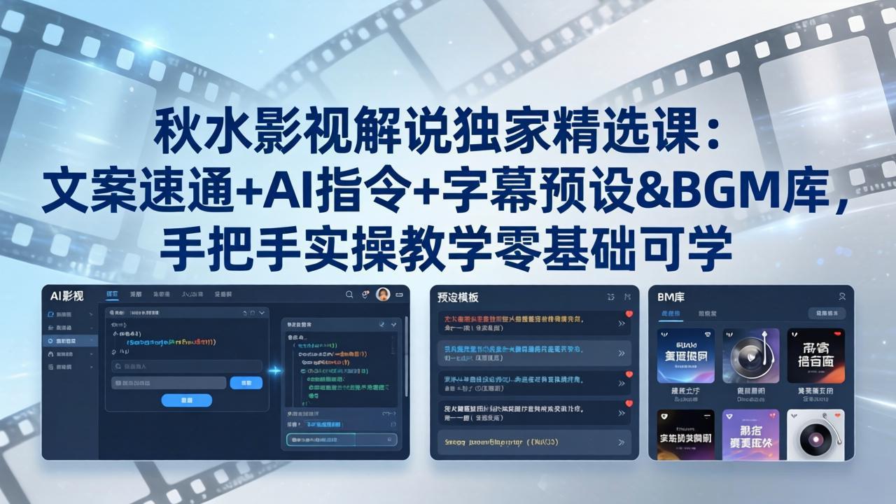 秋水影视解说独家精选课：文案速通+AI指令+字幕预设+BGM库，手把手实操教学零基础可学