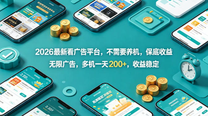 2026最新看广告平台，不需要养机，保底收益，无限广告，多机一天200+，收益稳定