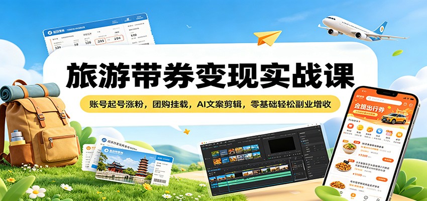 旅游带券变现实战课：账号起号涨粉，团购挂载，AI文案剪辑，零基础轻松副业增收