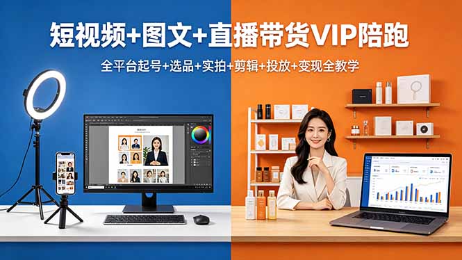 短视频+图文+直播带货VIP陪跑，全平台起号+选品+实拍+剪辑+投放+变现全教学