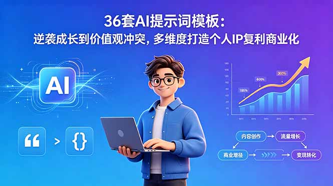 36套AI提示词模板：逆袭成长到价值观冲突，多维度打造个人IP复利商业化