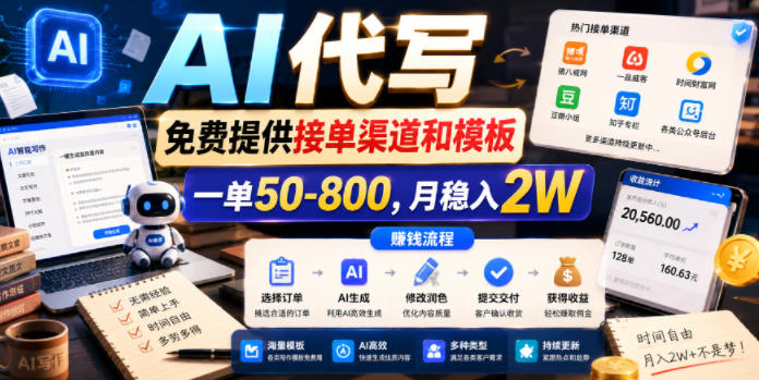 AI代写，免费提供接单渠道和模板，一单50-800，月稳入2W