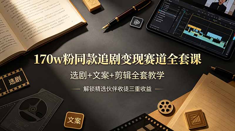 170w粉博主同款追剧变现赛道全套课-更新，选剧+文案+剪辑全套教学，解锁精选伙伴收徒三重收益