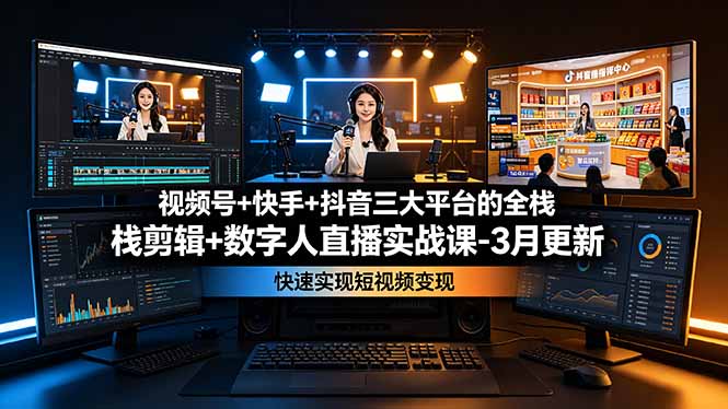 视频号+快手+抖音三大平台的全栈剪辑+数字人直播实战课-3月更新：快速实现短视频变现