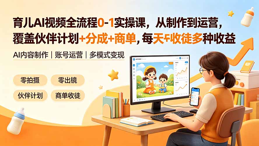 育儿AI视频全流程0-1实操课，从制作到运营，覆盖伙伴计划+分成+商单+收徒多种收益，每天500+收益