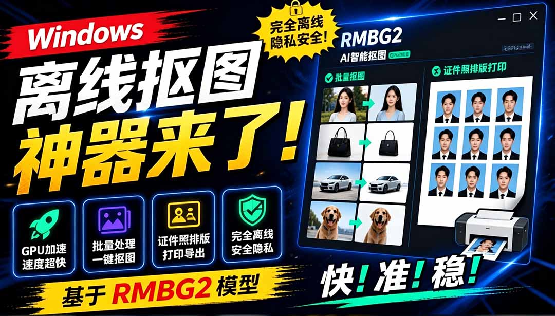 Windows离线抠图神器来了！支持批量抠图 + 证件照排版打印，基于RMBG2模型，GPU加速 方块AI抠图