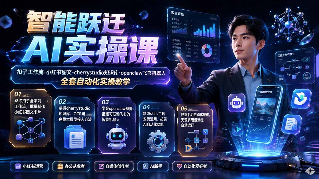 智能跃迁 AI实操课｜扣子工作流小红书图文搭建，cherrystudio知识库openclaw飞书机器人全套自动化实操教学