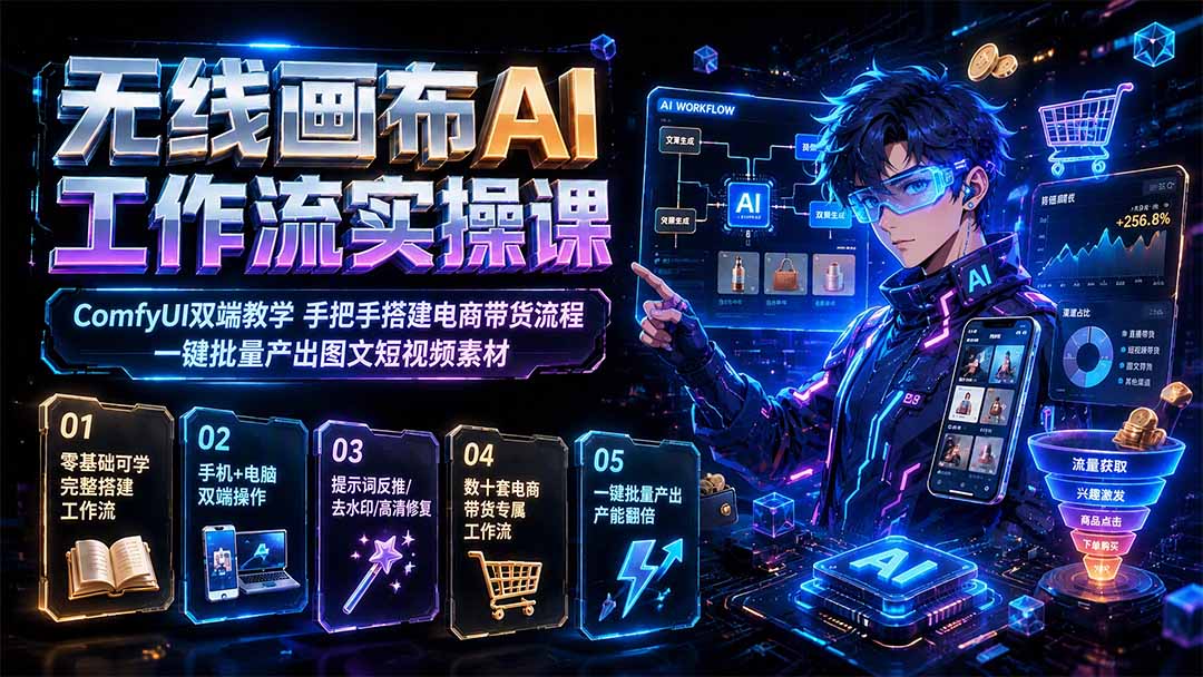 无线画布AI工作流实操课｜ComfyUI双端教学，手把手搭建电商带货流程，一键批量产出图文短视频素材