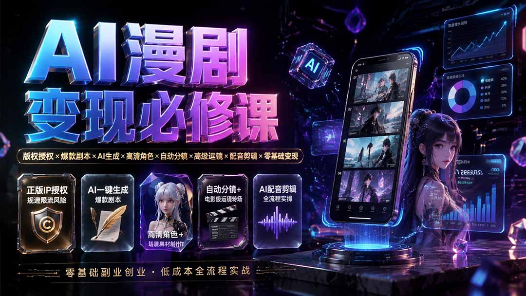 AI漫剧变现必修课：版权授权×爆款剧本×AI生成×高清角色×自动分镜×高级运镜×配音剪辑×零基础变现