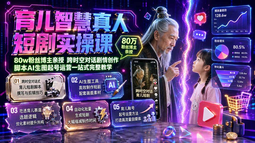 育儿智慧真人短剧实操课｜80w粉丝博主亲授，跨时空对话剧情创作，脚本AI生图起号运营一站式完整教学