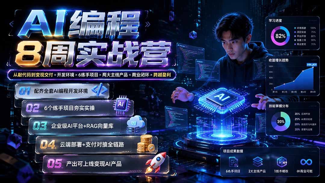 AI编程8周实战营：从敲代码到变现交付×开发环境×6练手项目×两大主线产品×商业闭环×跨越盈利