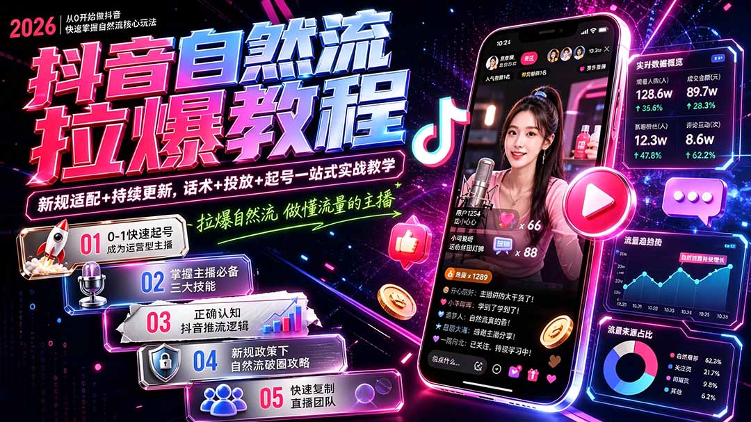 抖音自然流拉爆教程-更新7月：做懂流量的主播，新规适配+持续更新，话术+投放+起号一站式实战教学