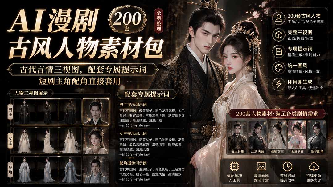 AI漫剧古风人物素材包+提示词｜200 套古代言情三视图，配套专属提示词短剧主角配角直接套用