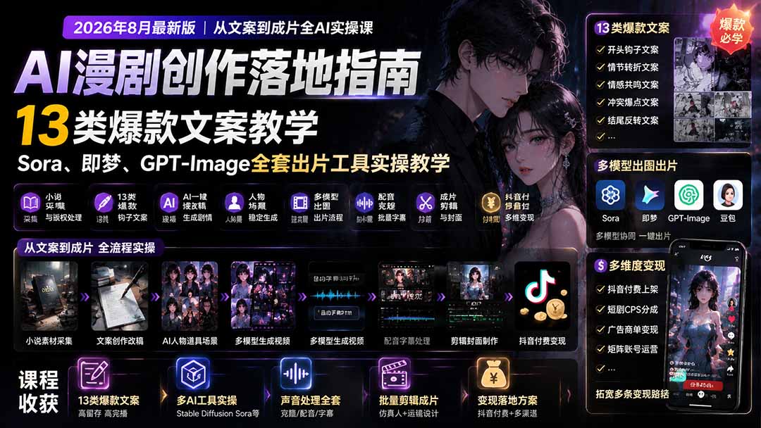 AI漫剧创作落地指南｜13类爆款文案教学，Sora、即梦、GPT-Image全套出片工具实操教学