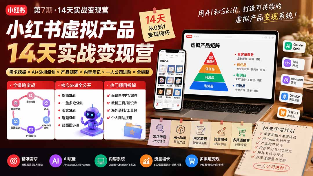 小红书虚拟产品14天实战变现营-第7期：需求挖掘×AI+Skill原创×产品矩阵×内容笔记×一人公司进阶×全链路