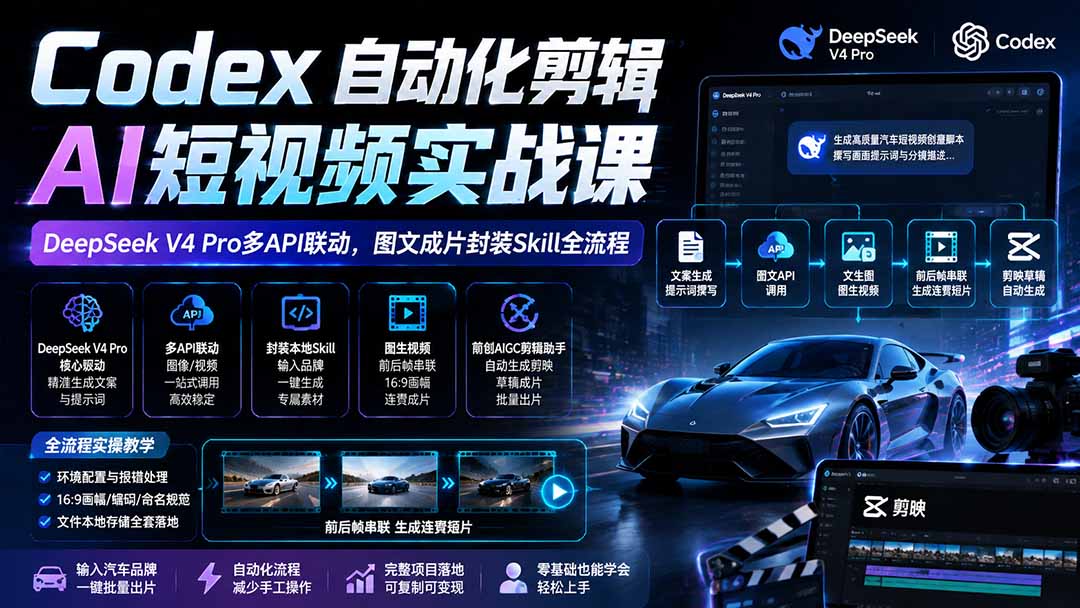 Codex自动化剪辑AI短视频实战课｜DeepSeek V4 Pro多API联动，图文成片封装Skill全流程