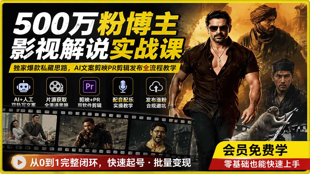 500万粉博主影视解说实战课｜独家爆款私藏思路，AI文案剪映PR剪辑发布全流程教学