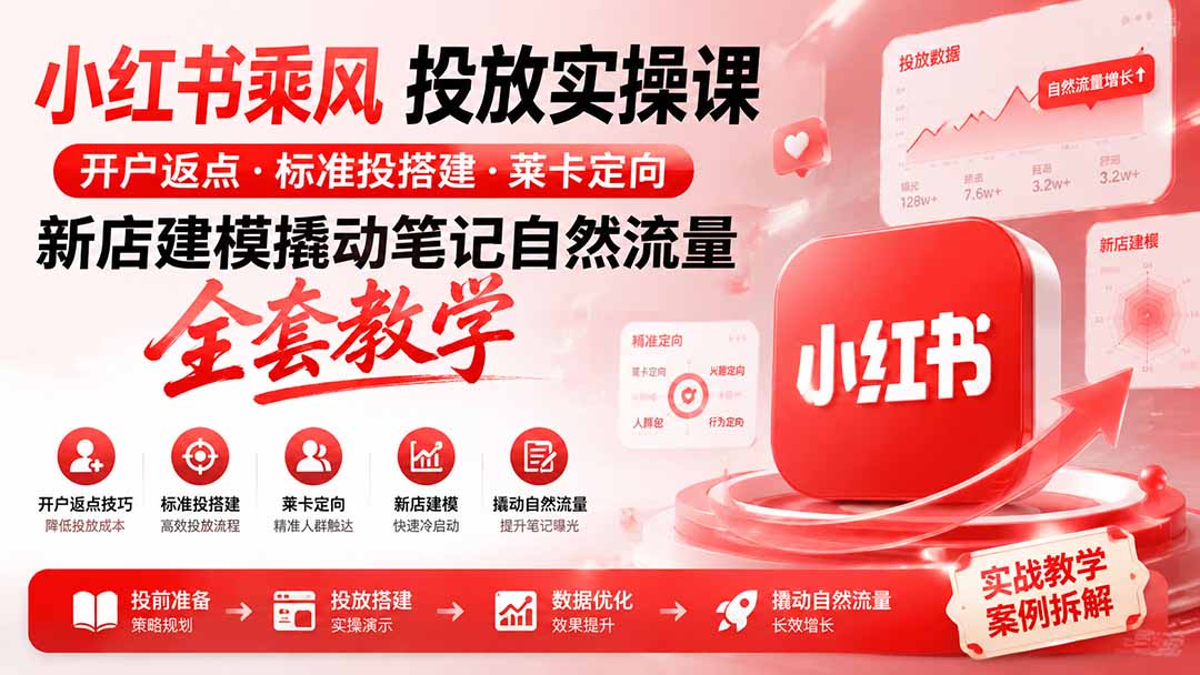 小红书乘风投放-100分钟实操课｜开户返点·标准投搭建·莱卡定向，新店建模撬动笔记自然流量全套教学