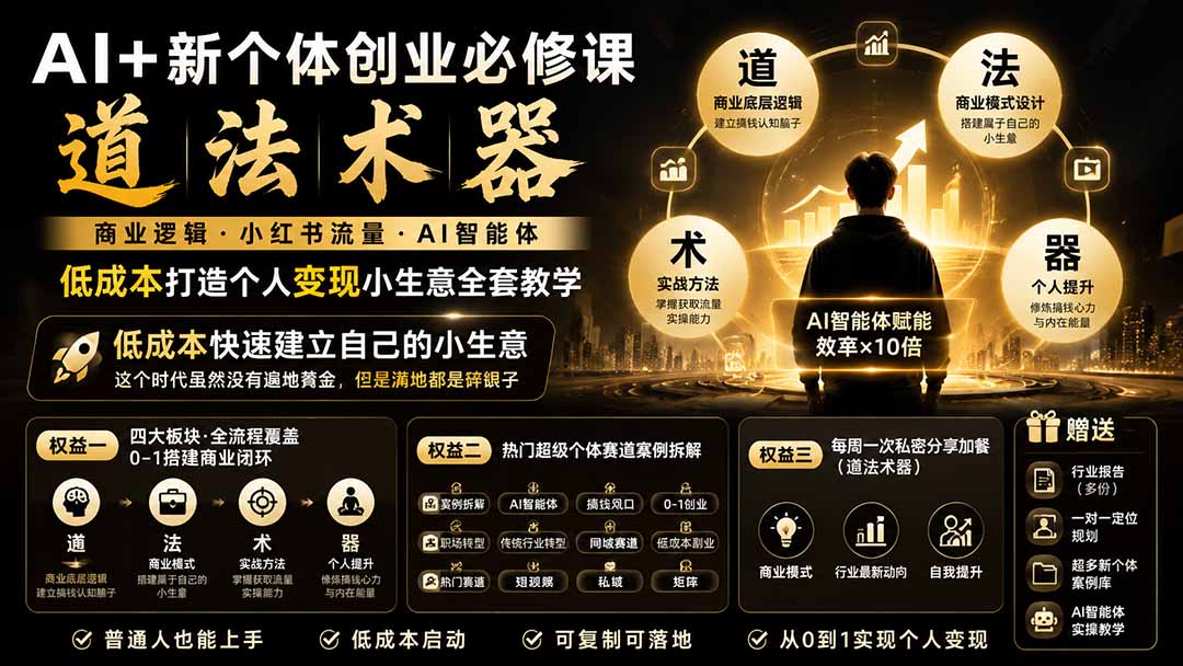 AI+新个体创业必修课｜道法术器｜商业逻辑·小红书流量·AI智能体｜低成本打造个人变现小生意全套教学