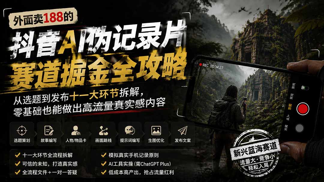 外面卖188的抖音AI伪记录片赛道掘金全攻略-更新；从选题到发布十一大环节拆解，零基础也能做出高流量真实感内容
