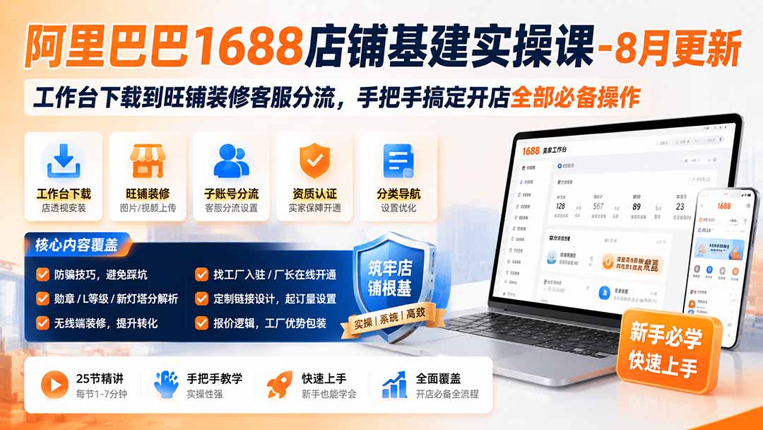 阿里巴巴1688店铺基建实操课-8月更新；工作台下载到旺铺装修客服分流，手把手搞定开店全部必备操作