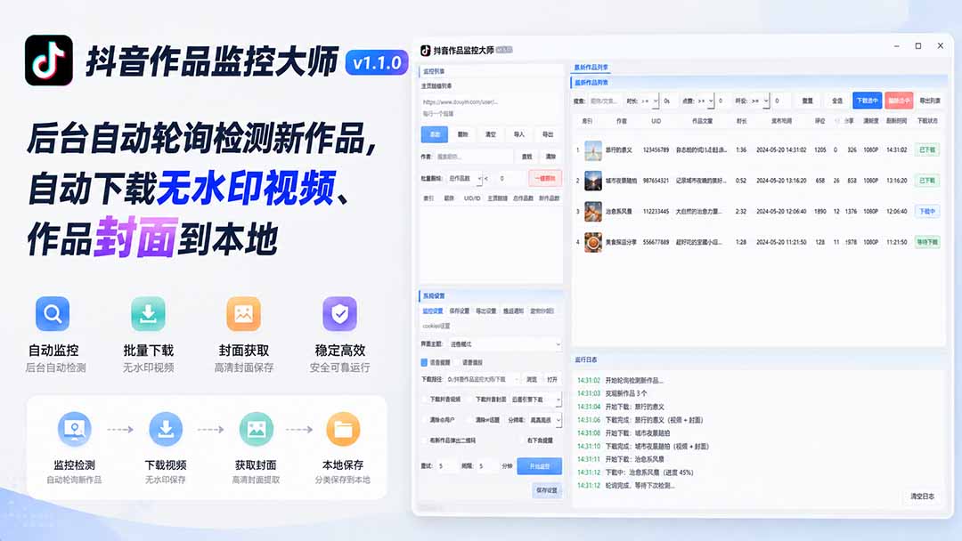 抖音作品监控大师v1.1.0：后台自动轮询检测新作品，自动下载无水印视频、作品封面到本地