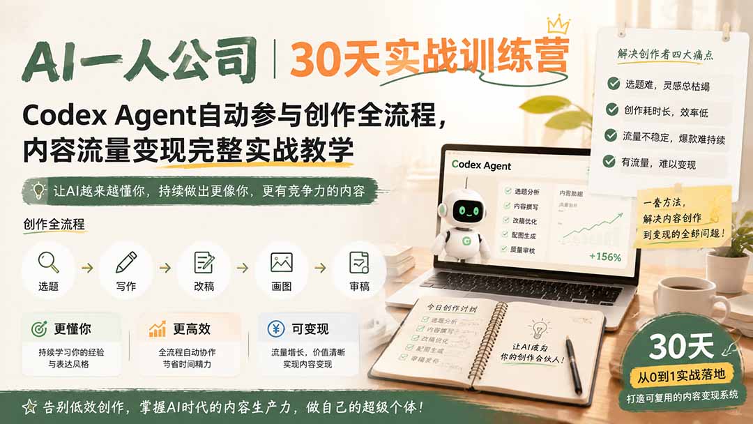 AI一人公司｜30天实战训练营；Codex Agent自动参与创作全流程，内容流量变现完整实战教学