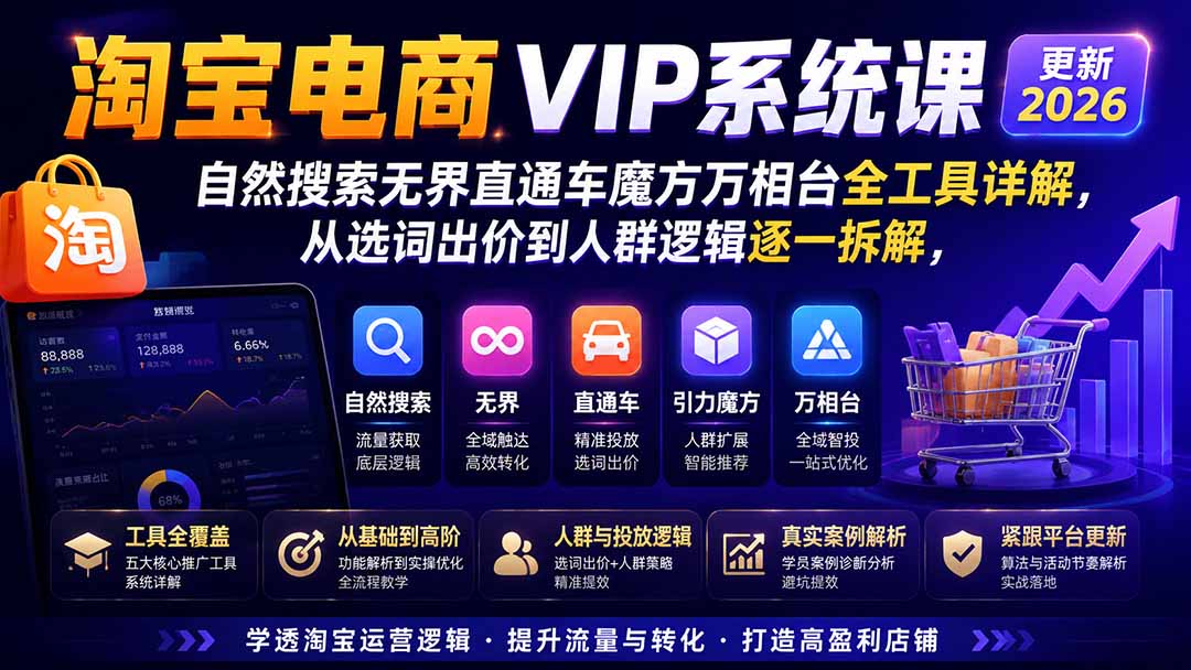 淘宝电商VIP系统课-更新8月；自然搜索无界直通车魔方万相台全工具详解，从选词出价到人群逻辑逐一拆解