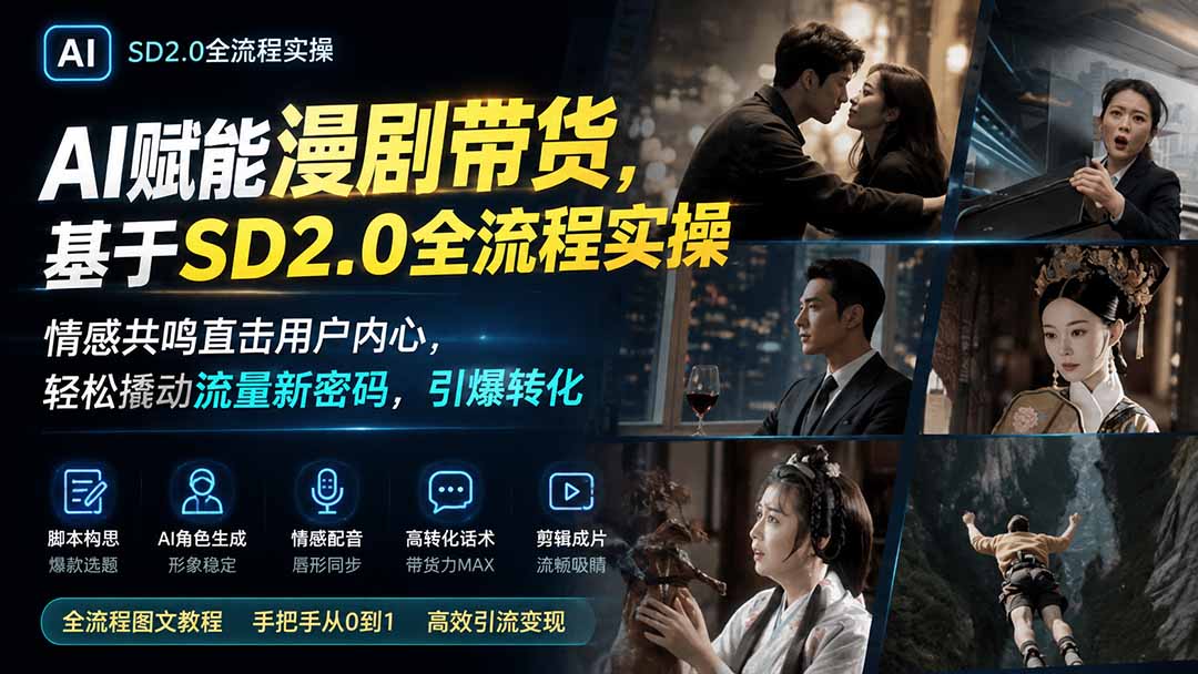 AI赋能漫剧带货，基于SD2.0全流程实操；情感共鸣直击用户内心，轻松撬动流量新密码，引爆转化